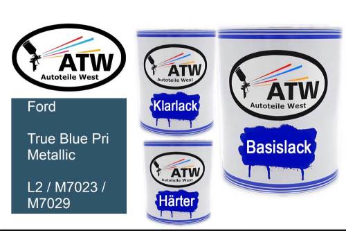 Ford, True Blue Pri Metallic, L2 / M7023 / M7029: 1L Lackdose + 1L Klarlack + 500ml Härter - Set, von ATW Autoteile West.